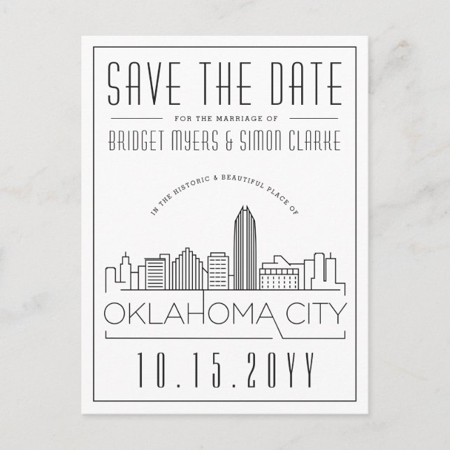 Cartão Postal Casamento de Oklahoma City | Skyline Salvar a Data (Frente)