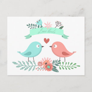 Cartão Postal Casamento De Pássaro De Amor Floral Azul E Flor R