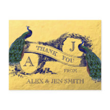 Casamento De Pavão De Ouro Obrigado Cartão-Postal