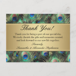 Cartão Postal Casamento De Penas De ouro Pavão/Obrigado