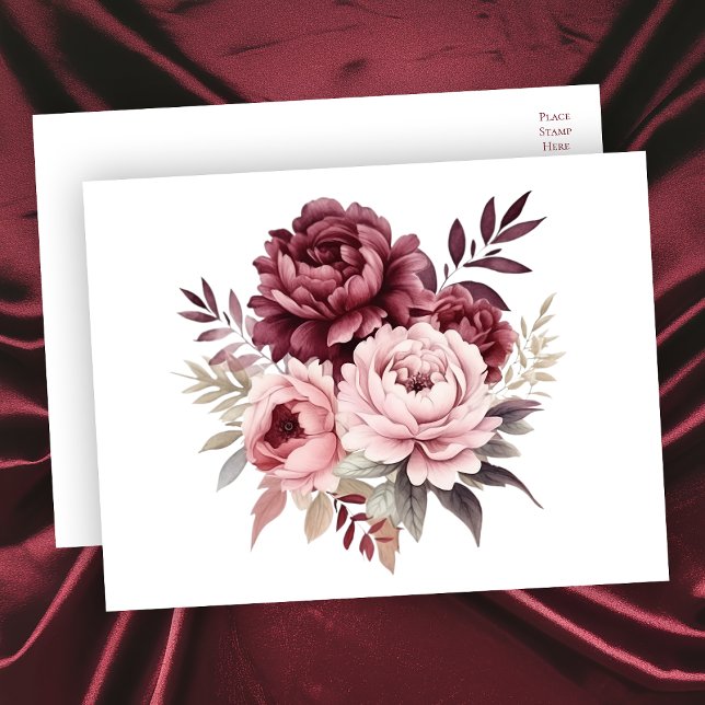Cartão Postal Casamento de Peônias de Borgonha com Aquarela Flor (Criador carregado)