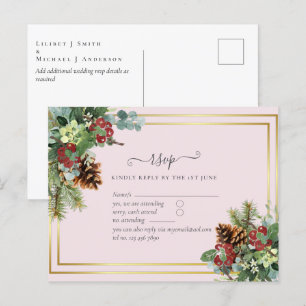 Cartão Postal Casamento de Pinus de Berries Vermelhos de inverno