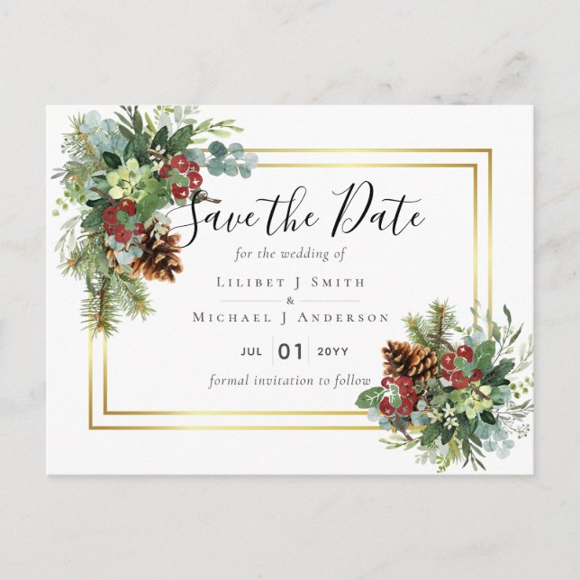 Cartão Postal Casamento de Pinus de Berries Vermelhos de inverno (Frente)
