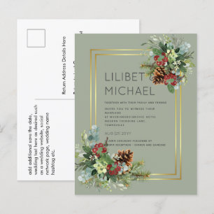 Cartão Postal Casamento de Pinus de Berries Vermelhos de inverno