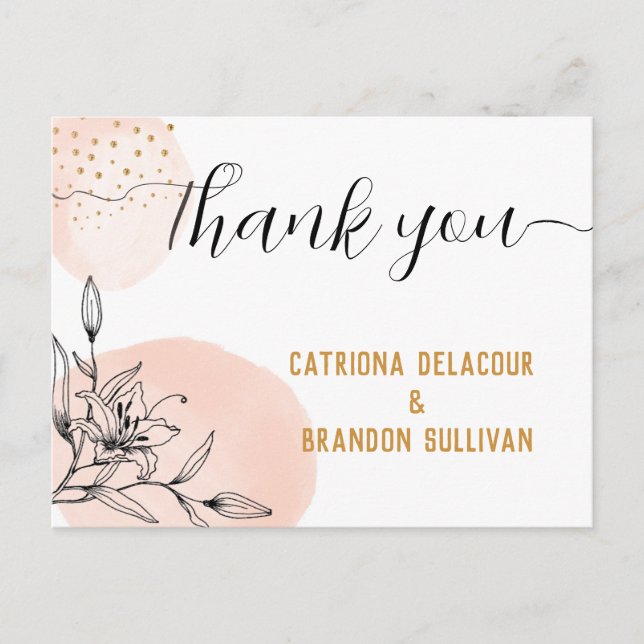 Cartão Postal Casamento de pontos Dourados com Flor Rosa e Preto (Frente)