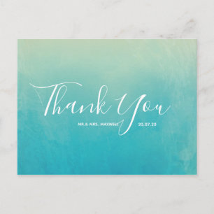 Cartão Postal Casamento de praia Blue Watercolor Obrigado