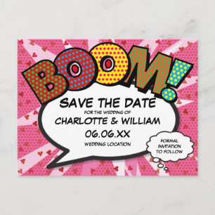Cartão Postal Casamento de Quadrinhos Modernos Rosa Salvar a Dat