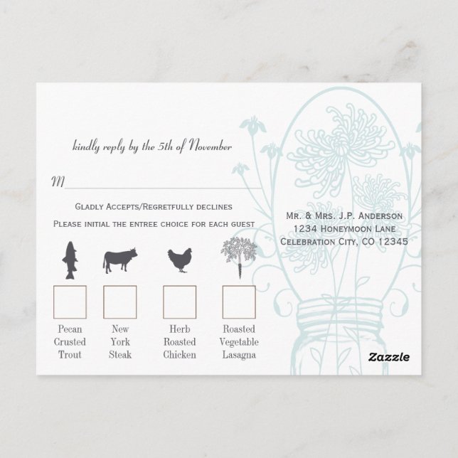 Cartão Postal Casamento de Quadro de Alcatrão Azul-Mason Jar-Pó  (Verso)