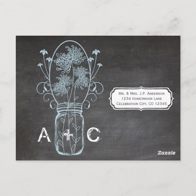 Cartão Postal Casamento de quadro negro leve azul Mason Jar (Verso)