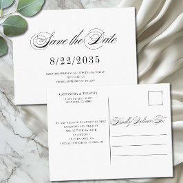 Cartão Postal Casamento de Script Branco Chic Black Salvar a Dat