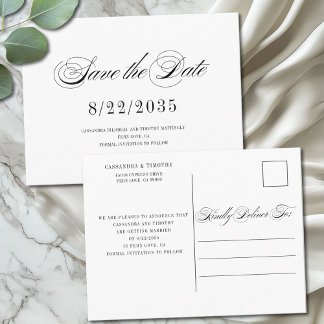Cartão Postal Casamento de Script Branco Chic Black Salvar a Dat