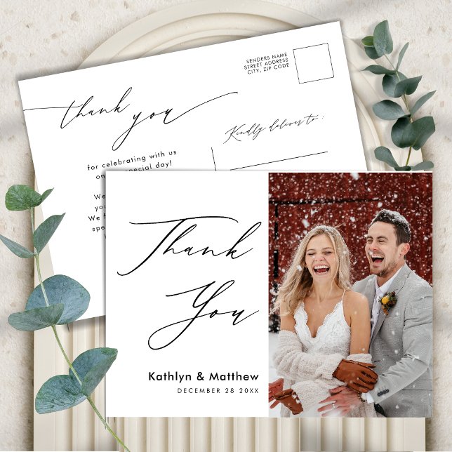 Cartão Postal Casamento de Script Elegante Branco Natural Obriga (Criador carregado)