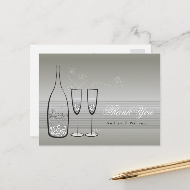 Cartão Postal Casamento de Silver Champagne Na moda Obrigado (Frente/Verso In Situ)