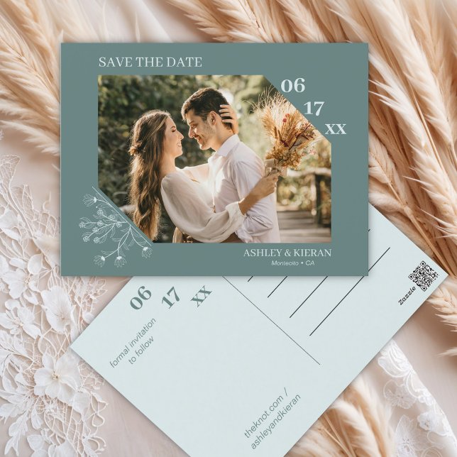 Cartão Postal Casamento de Teal Floral Elegante Salvar a Data (Criador carregado)