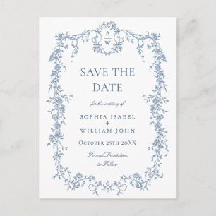 Cartão Postal Casamento de Toile Francês Azul Elegante Salvar a 