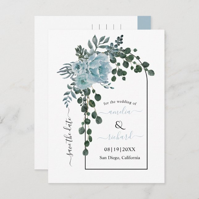 Cartão Postal Casamento do Arco de Flores Azuis Dusty Salve a Da (Frente/Verso)
