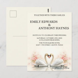 Cartão Postal Casamento do Cisne Elegante com Florais de Rosa Ro
