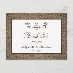 Cartão Postal Casamento do Monograma Russo do País & Burlap