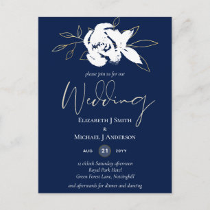 Cartão Postal Casamento Dourado Azul-Marinho Elegante
