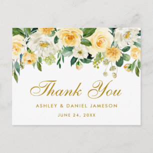 Cartão Postal Casamento Dourado Branco Amarelo Elegante Obrigado