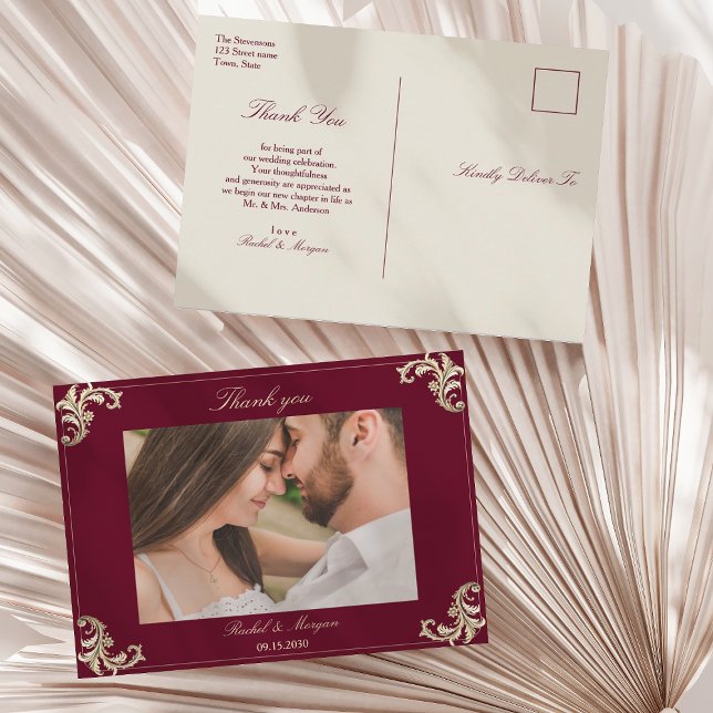 Cartão Postal Casamento Dourado Burgundy Barroco Obrigado (Criador carregado)