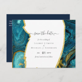 Cartão Postal Casamento Dourado de Agata Azul Teal Peacock