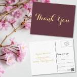 Cartão Postal Casamento Dourado de Escrita Elegante Burgundy Obr<br><div class="desc">Crie seu próprio personalizado,  personalizado,  empoeirado burgundy e dourado falso,  obrigado bilhete postal. Basta inserir sua mensagem / obrigado nota. Elegante obrigado anote cartão postal para uso no casamento,  casamento aniversário,  aniversário,  graduação,  chá de panela,  chá de fraldas,  feriados ou qualquer outra correspondência relacionada a ocasião especial.</div>