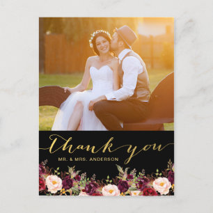 Cartão Postal Casamento Dourado de Foto Floral Black Burgundy Ob