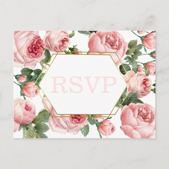 Cartão Postal Casamento Dourado de quadros de Rosas Rosa | RSVP  (Frente)