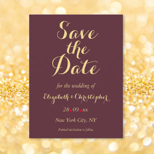 Cartão Postal Casamento Dourado Elegante Burgundy Faux Salvar a 
