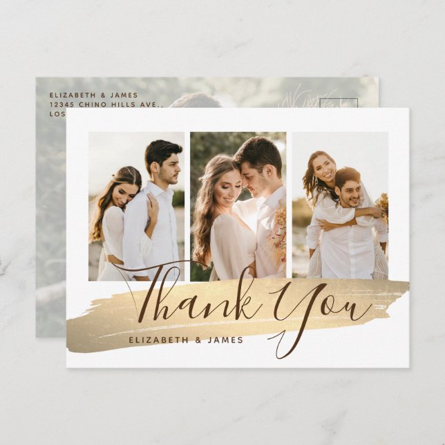 Cartão Postal Casamento Dourado Elegante - Obrigado (Frente/Verso)