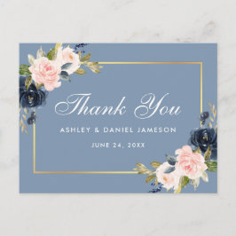 Cartão Postal Casamento Dourado Floral Rosa Azul Dusty Obrigado