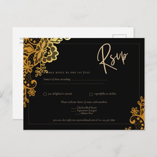 Cartão Postal Casamento Dourado Lace Moderno Elegante Negro (Frente/Verso)