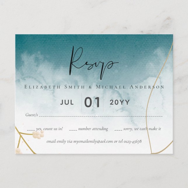 Cartão Postal Casamento Dourado Moderno Misty Blue (Frente)