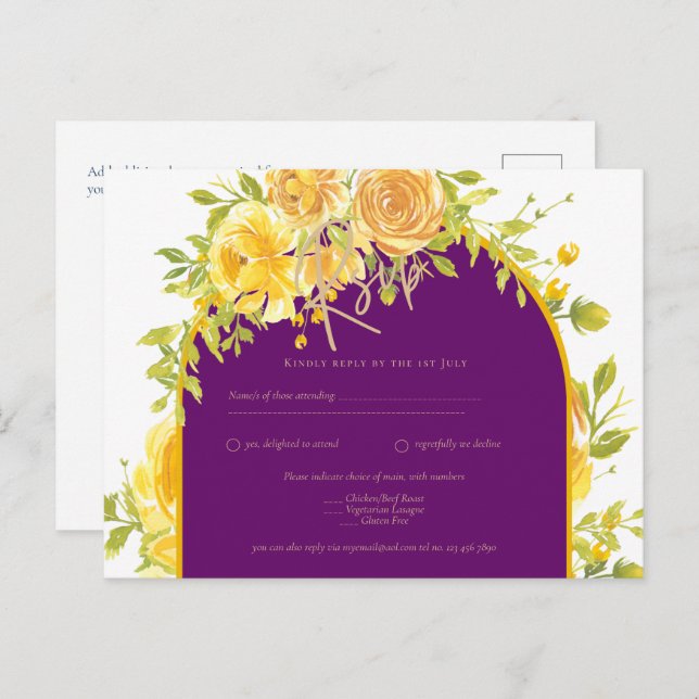 Cartão Postal Casamento Dourado Roxo Púrpura da Magenta Amarela (Frente/Verso)