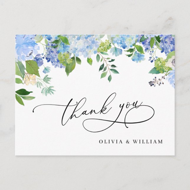 Cartão Postal Casamento Elegante Blue Hydrangea Greenery Obrigad (Frente)