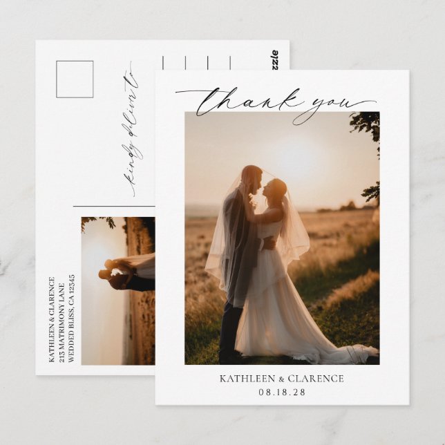 Cartão Postal Casamento Elegante Branco e Negro Clássico Obrigad (Frente/Verso)