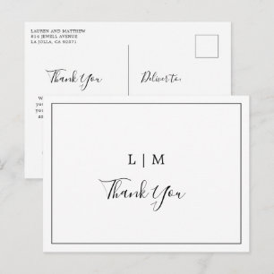 Cartão Postal Casamento Elegante Branco e Negro Simples Obrigado