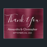 Cartão Postal Casamento Elegante Da Burgundia Roxa Obrigado<br><div class="desc">Cranberry Roxo Faux escovou metal elegante e casamento moderno,  obrigado Cartão-postal. Este cartão postal de agradecimento pode ser personalizado para incluir seu nome e data do casamento. Este cartões de agradecimentos de casamento é parte da coleção Burgundy. Se precisar de um item correspondente,  entre em contato com o designer.</div>