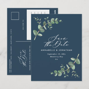 Cartão Postal Casamento elegante de marinho azul Eucalyptus salv