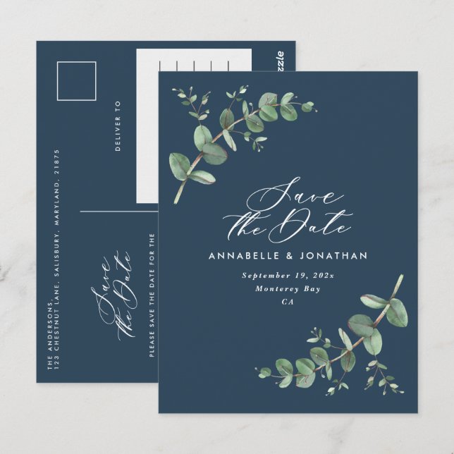 Cartão Postal Casamento elegante de marinho azul Eucalyptus salv (Frente/Verso)