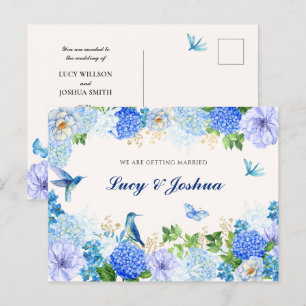 Cartão Postal Casamento elegante de pássaro floral azul