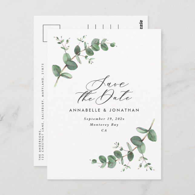 Cartão Postal Casamento elegante e moderno Eucalyptus salva a da (Frente/Verso)