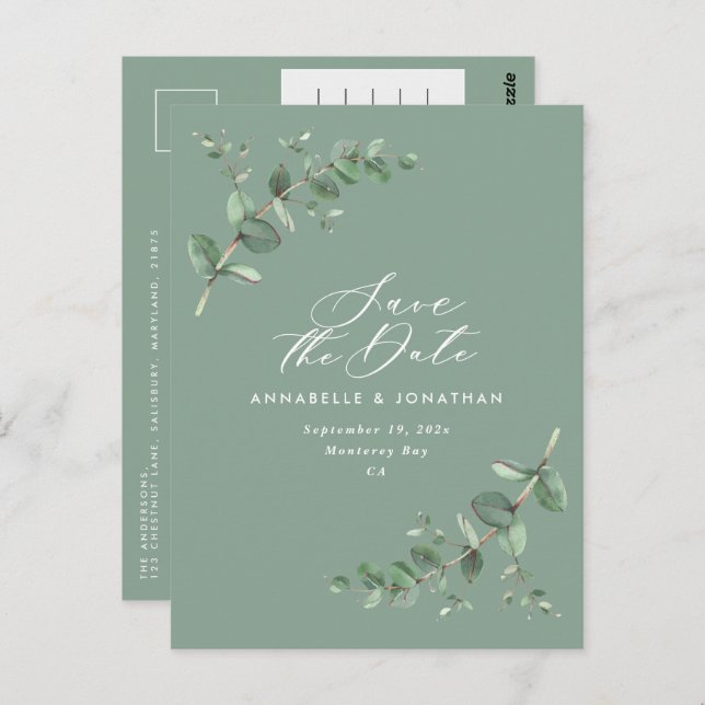 Cartão Postal Casamento elegante e verde Eucalyptus guarde a dat (Frente/Verso)