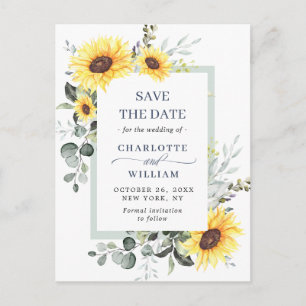 Cartão Postal Casamento Elegante Eucalyptus Girassol Salvar a Da