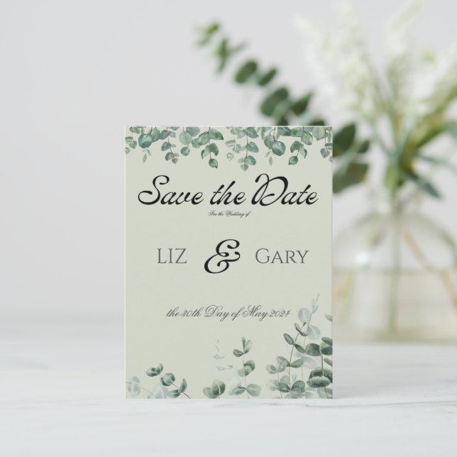Cartão Postal Casamento Elegante Eucalyptus Greenery Salve a Dat (Em pé/Frente)