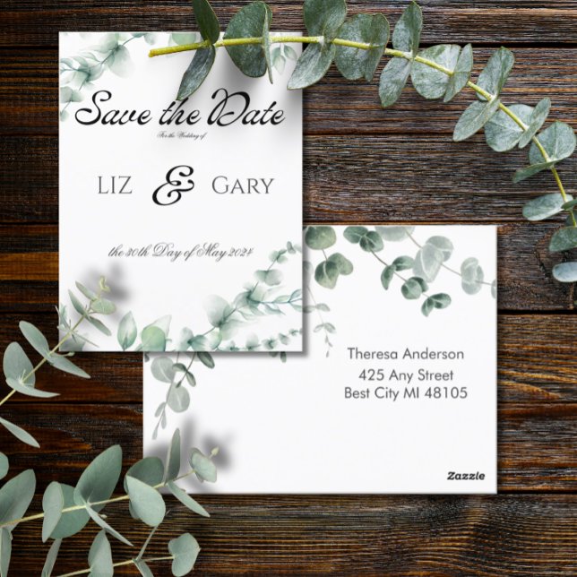 Cartão Postal Casamento Elegante Eucalyptus Greenery Salve a Dat (Criador carregado)