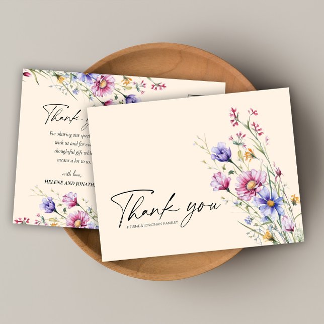 Cartão Postal Casamento Elegante Floral de Flor Moderno - Obriga (Modern Wildflower Floral Elegant Wedding Thank You Postcard)