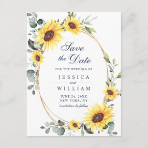 Cartão Postal Casamento Elegante Girassóis Verde Salve a Data