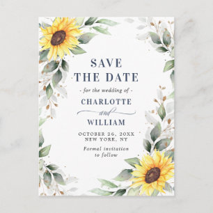 Cartão Postal Casamento Elegante Girassóis Verde Salve a Data